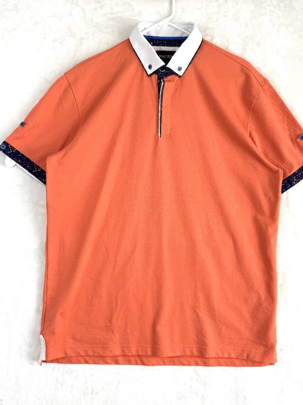 MACEOO Patterned Collar Flip Cuff Roll Tab Preppy SS Golf Polo Shirt XL